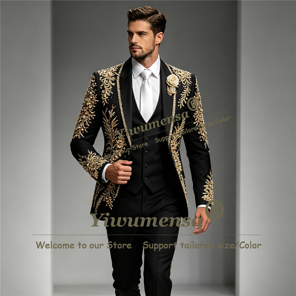 Men'S Grooming Kits - ชุดสูทประดับคริสตัลหรูหราสำหรับผู้ชาย สำหรับงานแต่งงาน ปกเสื้อแบบ Shawl Lapel ชุดสูทออกงาน